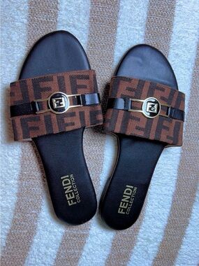 Fendi Brown FF Logo Slide Sandals with Gold Buckle